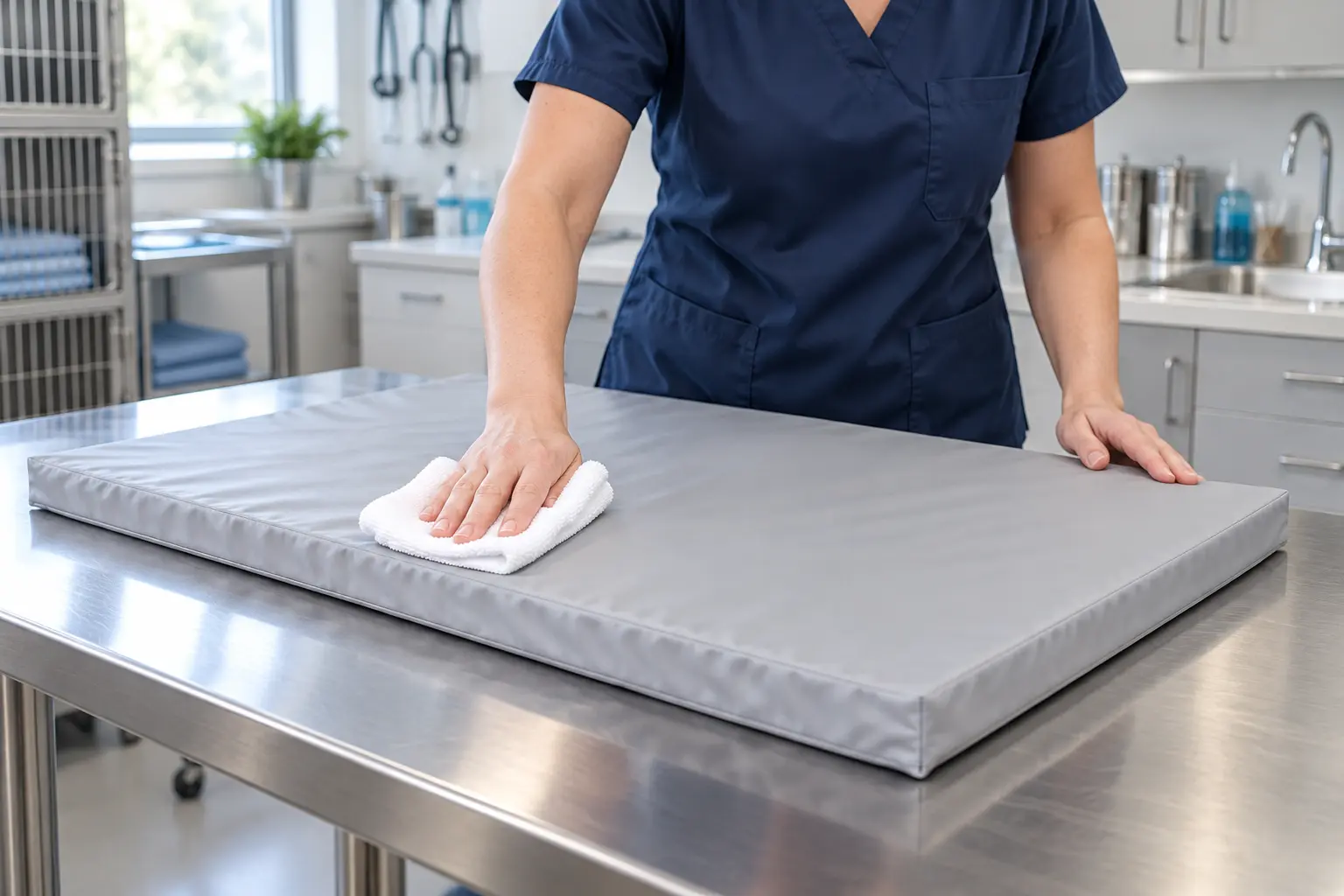 Veterinary technician wiping clean a gray Tuffr Vet Pad
