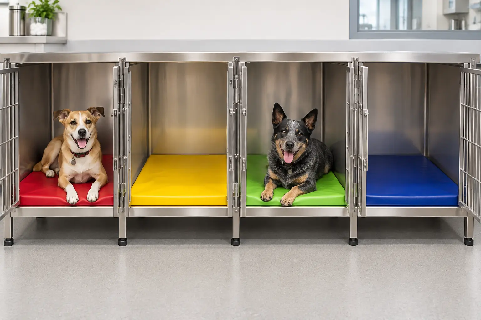 Colorful veterinary recovery pads fitted inside stainless kennels